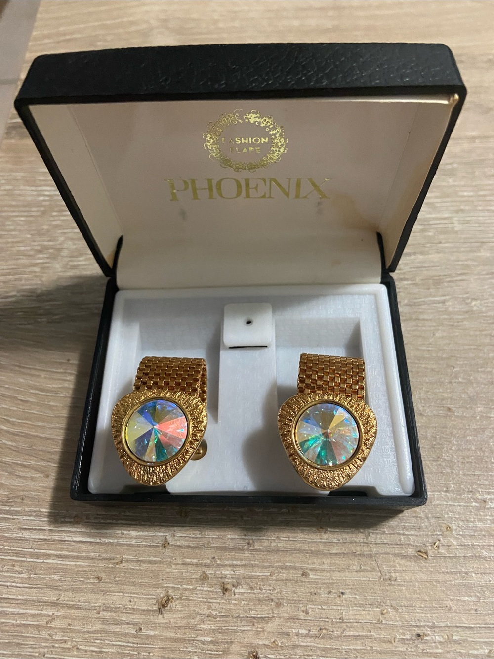Vintage Phoenix Gold-Tone Mesh Cuff Links with Iridescent Crystal Centers
